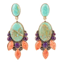 Load image into Gallery viewer, Regalia Blue Turquoise Purple and Orange Coral Goldden Post Drop Earrings