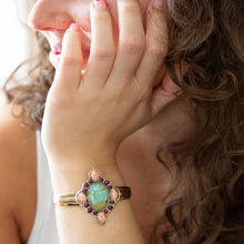 Load image into Gallery viewer, Regalia Blue Turquoise Purple and Orange Coral Golden Cuff Bracelet
