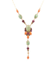 Load image into Gallery viewer, Regalia Blue Turquoise Purple and Orange Coral Golden Y Necklace
