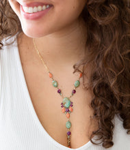 Load image into Gallery viewer, Regalia Blue Turquoise Purple and Orange Coral Golden Y Necklace