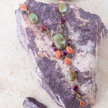 Load image into Gallery viewer, Regalia Blue Turquoise Purple and Orange Coral Golden Y Necklace