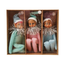 Load image into Gallery viewer, Pastel MCM KneeHugger Elf Ornaments, Set of 3 Vintage Reproduction