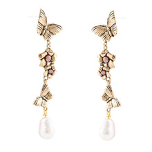 Load image into Gallery viewer, Rhodonite and White Pearl Golden Butterflies Post Drop Earrings