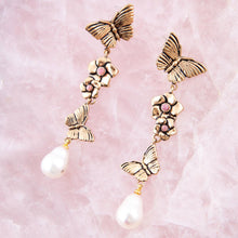 Load image into Gallery viewer, Rhodonite and White Pearl Golden Butterflies Post Drop Earrings