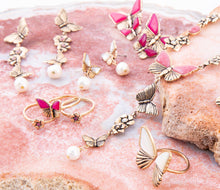 Load image into Gallery viewer, Rhodonite and White Pearl Golden Butterflies Post Drop Earrings