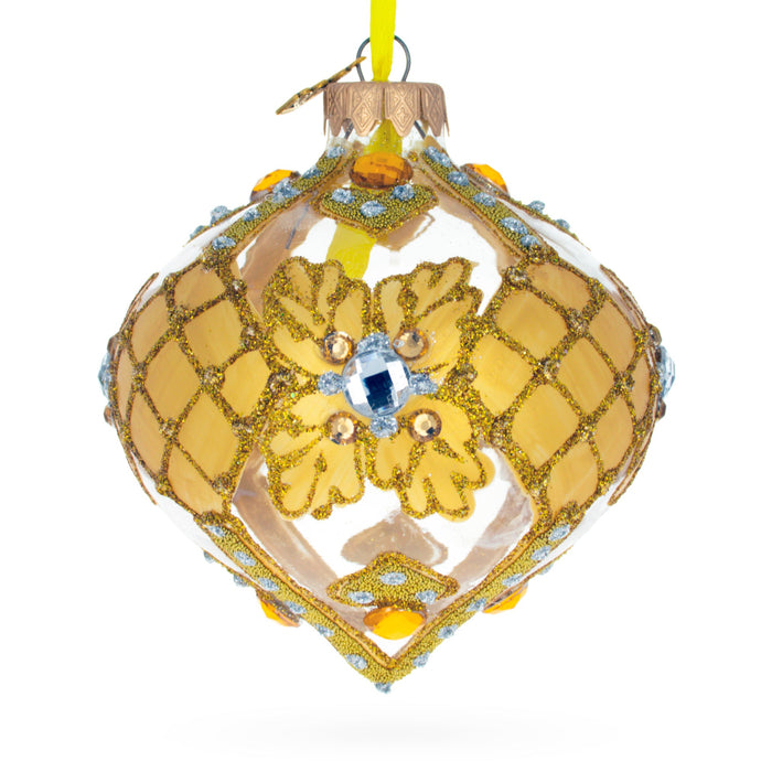 Jeweled Golden Leaves on Clear Onion-Shape Finial Glass Christmas Ornament