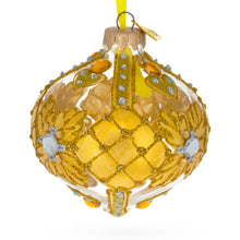 Load image into Gallery viewer, Jeweled Golden Leaves on Clear Onion-Shape Finial Glass Christmas Ornament