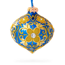 Load image into Gallery viewer, Jeweled Golden Leaves on Blue Onion-Shape Finial Glass Christmas Ornament