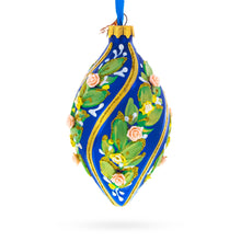 Load image into Gallery viewer, Swirl Roses on Blue Pointed Teardrop Finial Glass Christmas Ornament