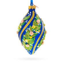 Load image into Gallery viewer, Swirl Roses on Blue Pointed Teardrop Finial Glass Christmas Ornament