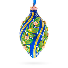 Load image into Gallery viewer, Swirl Roses on Blue Pointed Teardrop Finial Glass Christmas Ornament