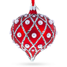 Load image into Gallery viewer, Pearl on Diamond Grid on Red Onion-Shape Finial Glass Christmas Ornament