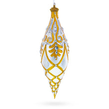 Load image into Gallery viewer, Gold &amp; White Baroque-Style Gem-Encrusted Elongated Pointed Teardrop Finial Glass Christmas Ornament
