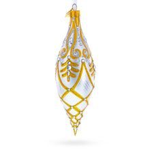 Load image into Gallery viewer, Gold &amp; White Baroque-Style Gem-Encrusted Elongated Pointed Teardrop Finial Glass Christmas Ornament