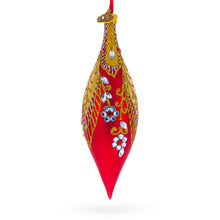 Load image into Gallery viewer, Red and Gold Jewel-Encrusted Elongated Pointed Teardrop Finial Glass Christmas Ornament