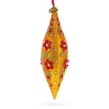 Load image into Gallery viewer, Gold and Red Floral Jeweled Elongated Pointed Teardrop Finial Glass Christmas Ornament