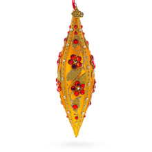 Load image into Gallery viewer, Gold and Red Floral Jeweled Elongated Pointed Teardrop Finial Glass Christmas Ornament