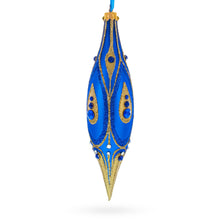 Load image into Gallery viewer, Royal Blue and Gold Jeweled Elongated Pointed Teardrop Finial Glass Christmas Ornament