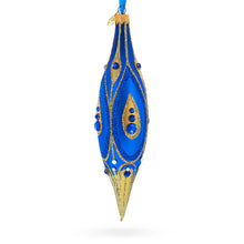 Load image into Gallery viewer, Royal Blue and Gold Jeweled Elongated Pointed Teardrop Finial Glass Christmas Ornament