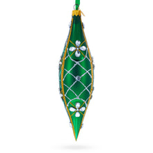Load image into Gallery viewer, Emerald Jeweled Lattice Elongated Pointed Teardrop Finial Glass Christmas Ornament