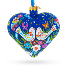Load image into Gallery viewer, Blue Folk Art Whimsical Doves &amp; Flowers Heart Glass Ornament