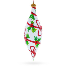 Load image into Gallery viewer, Holiday Ribbon on White Elongated Pointed Teardrop Finial Glass Christmas Ornament