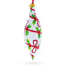 Load image into Gallery viewer, Holiday Ribbon on White Elongated Pointed Teardrop Finial Glass Christmas Ornament