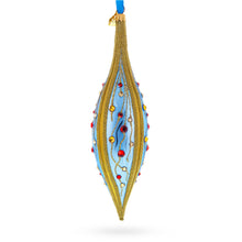 Load image into Gallery viewer, Blue and Gold Jeweled Vine Elongated Pointed Teardrop Finial Glass Christmas Ornament