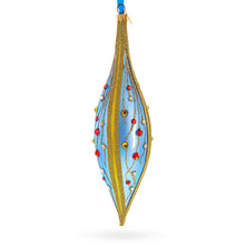 Load image into Gallery viewer, Blue and Gold Jeweled Vine Elongated Pointed Teardrop Finial Glass Christmas Ornament