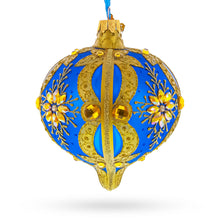 Load image into Gallery viewer, Blue and Gold Jeweled Floral Burst Onion-Shape Finial Glass Christmas Ornament