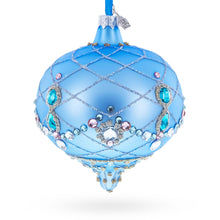 Load image into Gallery viewer, Blue Jeweled Lattice Diamond Onion-Shape Finial Glass Christmas Ornament