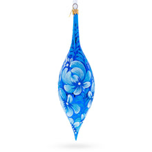 Load image into Gallery viewer, White Petal Blossoms Metallic Blue Elongated Pointed Teardrop Finial Glass Christmas Ornament