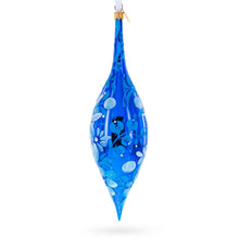 Load image into Gallery viewer, White Petal Blossoms Metallic Blue Elongated Pointed Teardrop Finial Glass Christmas Ornament