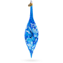 Load image into Gallery viewer, White Petal Blossoms Metallic Blue Elongated Pointed Teardrop Finial Glass Christmas Ornament
