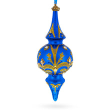 Load image into Gallery viewer, Jeweled Gold Scrollworks on Blue Double-Ended Finial Drop Glass Christmas Ornament