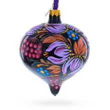 Load image into Gallery viewer, Whimsical Floral and Bird Black Onion-Shape Finial Glass Christmas Ornament