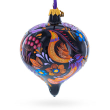 Load image into Gallery viewer, Whimsical Floral and Bird Black Onion-Shape Finial Glass Christmas Ornament