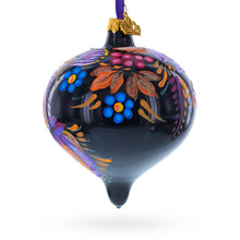 Load image into Gallery viewer, Whimsical Floral and Bird Black Onion-Shape Finial Glass Christmas Ornament