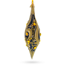 Load image into Gallery viewer, Black &amp; Gold Jeweled Swirl Elongated Pointed Teardrop Finial Glass Christmas Ornament