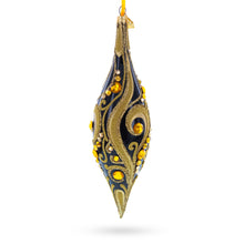 Load image into Gallery viewer, Black &amp; Gold Jeweled Swirl Elongated Pointed Teardrop Finial Glass Christmas Ornament