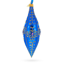 Load image into Gallery viewer, Royal Blue Jewel Scroll Elongated Pointed Teardrop Finial Glass Christmas Ornament
