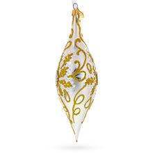 Load image into Gallery viewer, Ivory &amp; Gold Pearl Embossed Elongated Pointed Teardrop Finial Glass Christmas Ornament