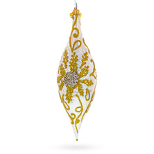 Load image into Gallery viewer, Ivory &amp; Gold Pearl Embossed Elongated Pointed Teardrop Finial Glass Christmas Ornament