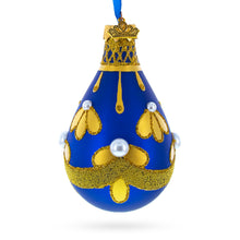 Load image into Gallery viewer, Gold Pattern on Blue Waterdrop Finial Glass Christmas Ornament
