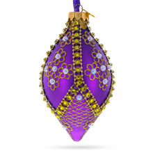 Load image into Gallery viewer, Golden Pearl Flowers on Purple Pointed Teardrop Finial Glass Ornament