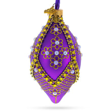 Load image into Gallery viewer, Golden Pearl Flowers on Purple Pointed Teardrop Finial Glass Ornament