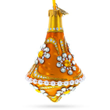 Load image into Gallery viewer, Diamond Jewels on Striped Gold Glass Bell Shape Finial Christmas Ornament