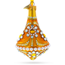 Load image into Gallery viewer, Diamond Jewels on Striped Gold Glass Bell Shape Finial Christmas Ornament