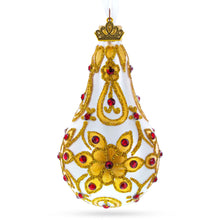 Load image into Gallery viewer, Red Jewels on Golden Leaves Pear Shape Glass Ornament