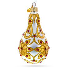 Load image into Gallery viewer, Red Jewels on Golden Leaves Pear Shape Glass Ornament